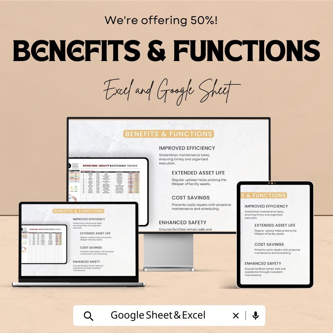 Operations Facility Maintenance Tracker Sheet – Excel & Google Sheets | Facility Maintenance Log Template | Task Scheduling, Asset Tracking