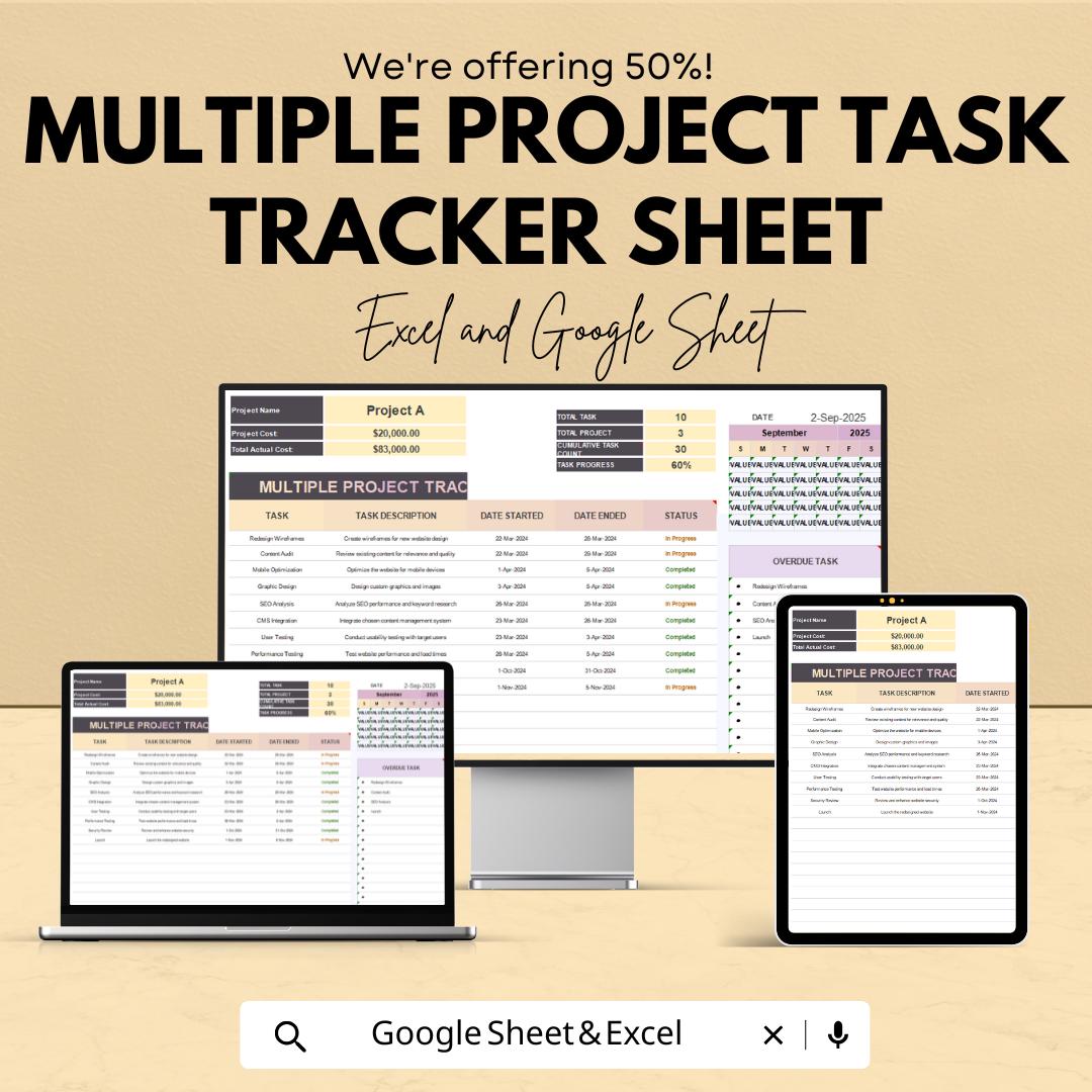 Multiple Project Task Tracker Sheet - Excel and Google Sheets Template | Manage Multiple Projects & Tasks | 2024 Project Tracker