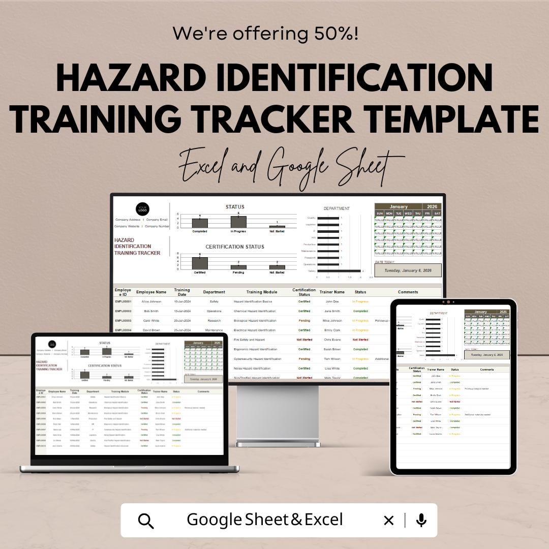 Hazard Identification Training Tracker Template | Safety Training Log, Employee Compliance & Risk Management Spreadsheet