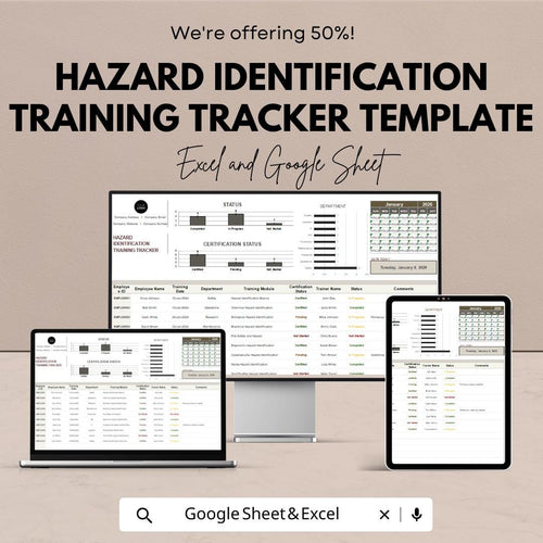 Hazard Identification Training Tracker Template | Safety Training Log, Employee Compliance & Risk Management Spreadsheet