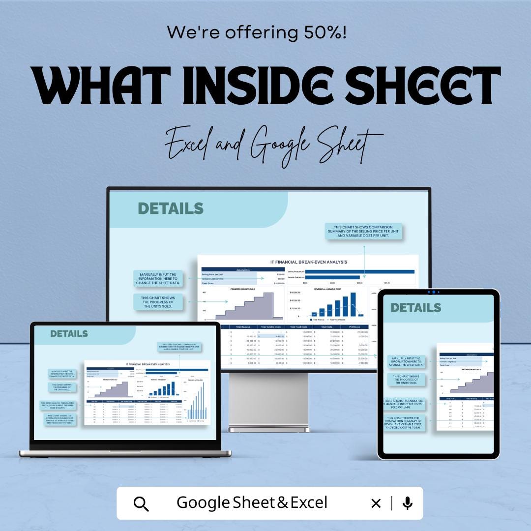 IT Financial Break-Even Analysis Template | Excel & Google Sheets | Cost Revenue Profit Analysis | Business Finance Dashboard