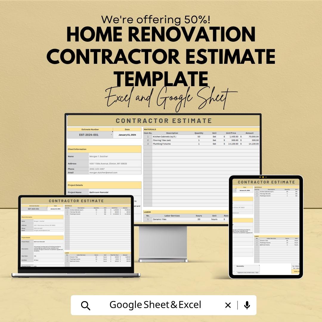 Contractor Estimate Template | Home Renovation Budget Template | Construction Cost Estimate | Project Quote Sheet