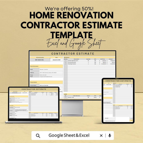 Contractor Estimate Template | Home Renovation Budget Template | Construction Cost Estimate | Project Quote Sheet