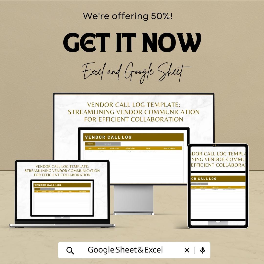 Vendor Call Log Template | Vendor Communication Tracker |  Call Log | Vendor Management Spreadsheet | Business Call Tracking Sheet