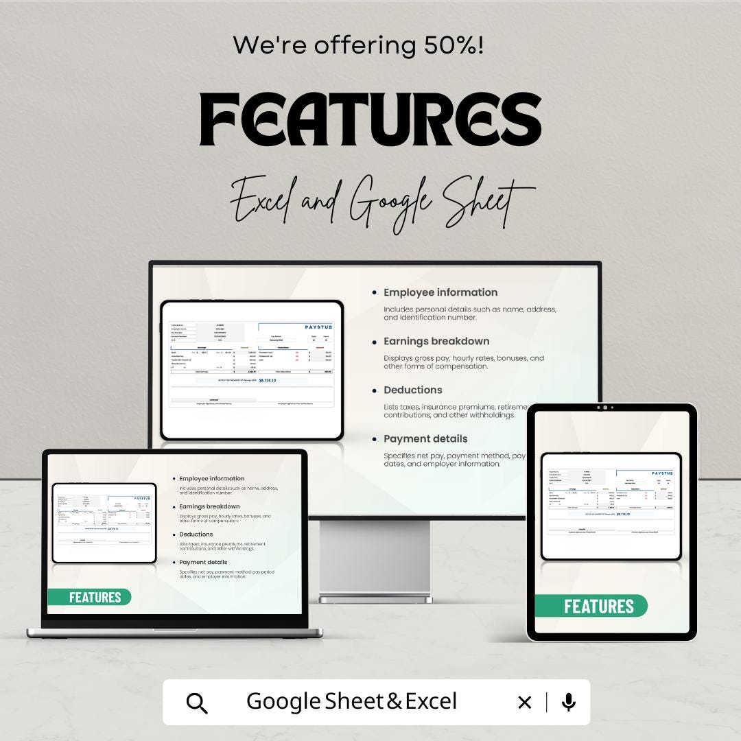 50% Off | Paystub Sheet Template for Excel and Google Sheets | Employee Pay Stubs, Deductions, & Earnings Breakdown
