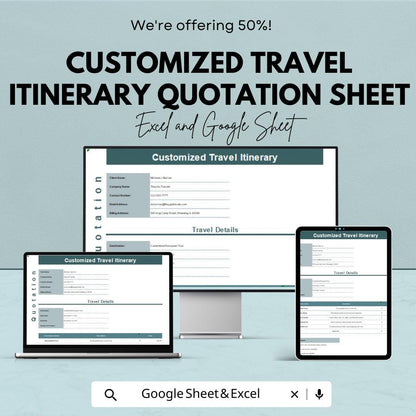 Customized Travel Itinerary Quotation Sheet - Excel & Google Sheet for Tailored Travel Plans, Itinerary Breakdown, and Flexible Options