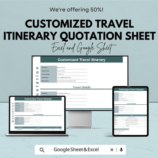 Customized Travel Itinerary Quotation Sheet - Excel & Google Sheet for Tailored Travel Plans, Itinerary Breakdown, and Flexible Options