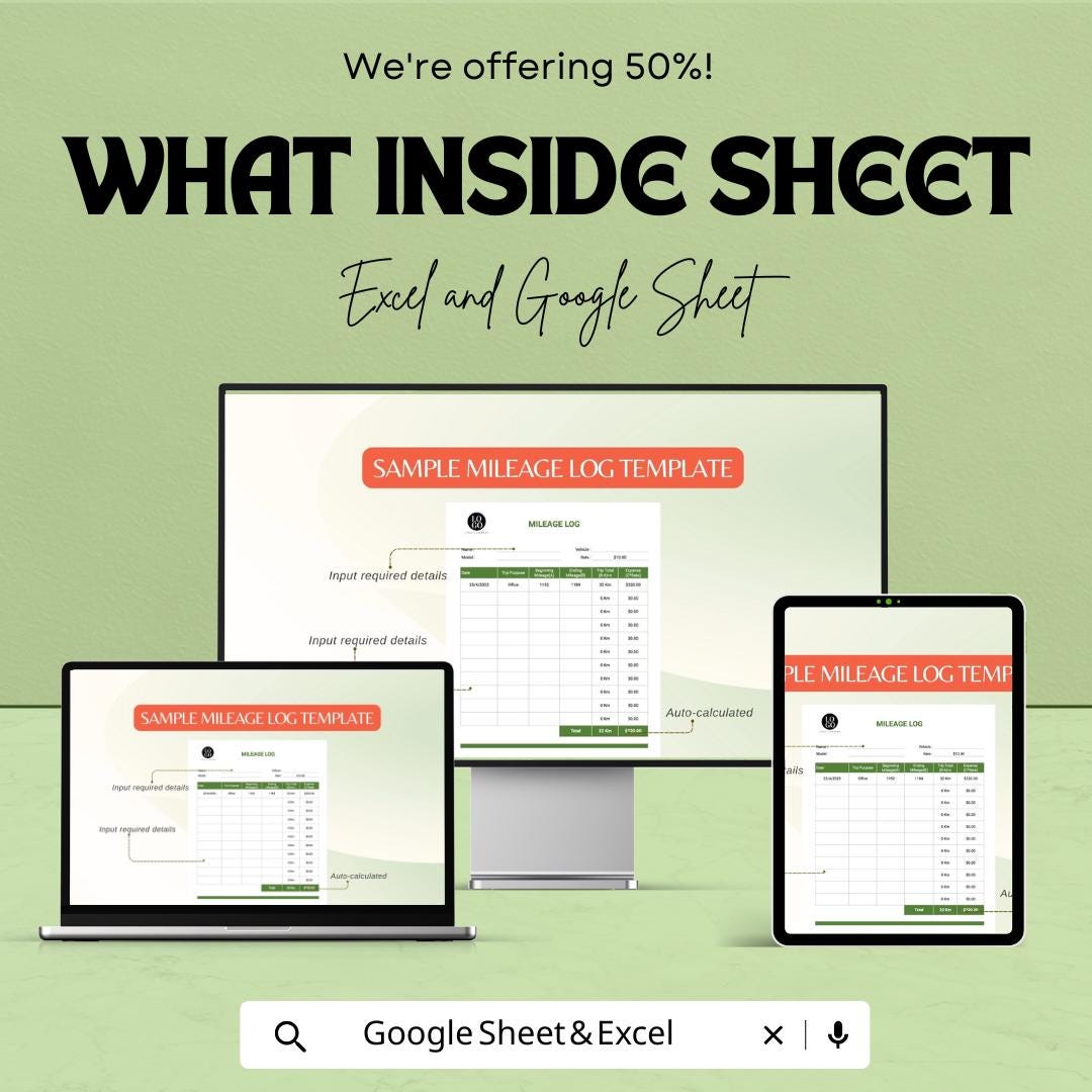 Sample Mileage Log Sheet | Excel and Google Sheets Template | Track Mileage, Trip Purpose, & Expenses | Travel Reimbursement Log