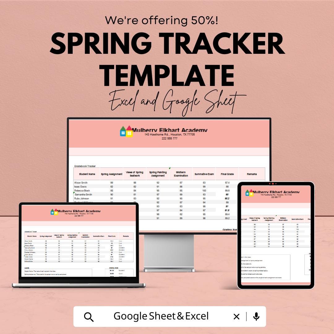 Spring Tracker Template | Gradebook Spreadsheet | Google Sheets & Excel | Student Progress Tracker | Teacher Planner | Academic Tracker