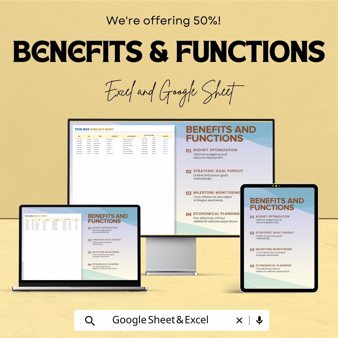 Tool Box Sign Out Sheet – Google Sheets Template – Track Equipment Check-Out for Teams and Departments – Printable Work Log for Tools
