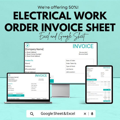 Electrical Work Order Invoice Sheet | Excel & Google Sheets Template | Customizable Invoice for Electrical Services