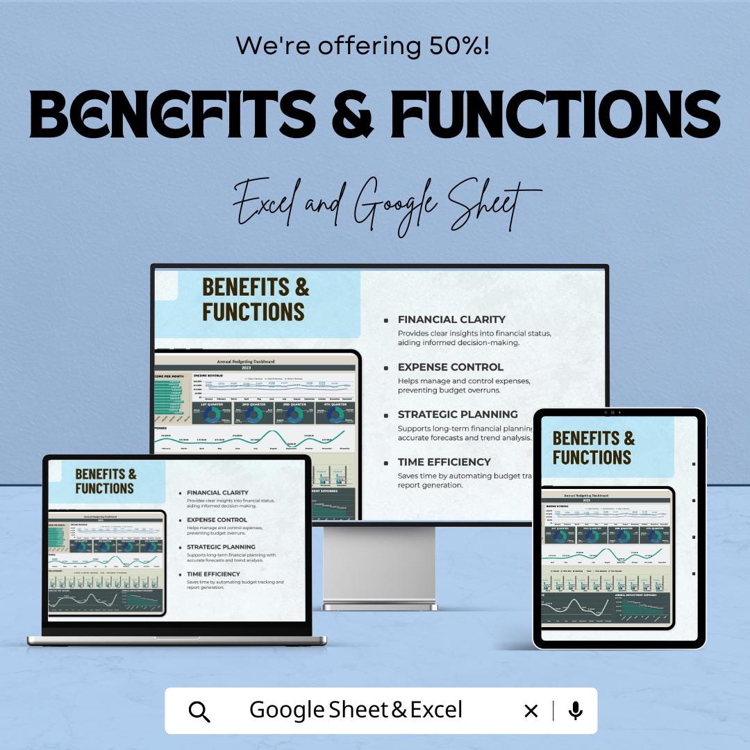 Annual Budgeting Dashboard Template - Excel and Google Sheet for Financial Planning - Track Income, Expenses & Forecasting |