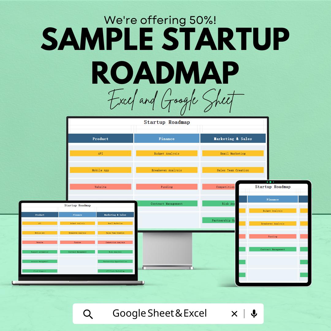 Sample Startup Roadmap Template | Excel & Google Sheets | Business Planning Dashboard | Startup Launch Planner | Company Growth Tracker