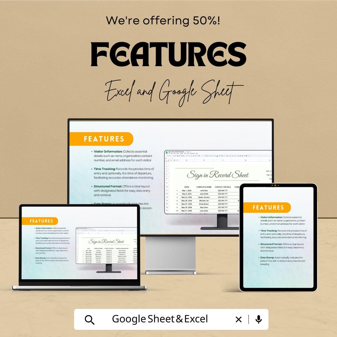 Sign In Record Sheet | Visitor Log Template | Excel & Google Sheets | Attendance Register | Editable Digital Sign-In Sheet | Printable Log