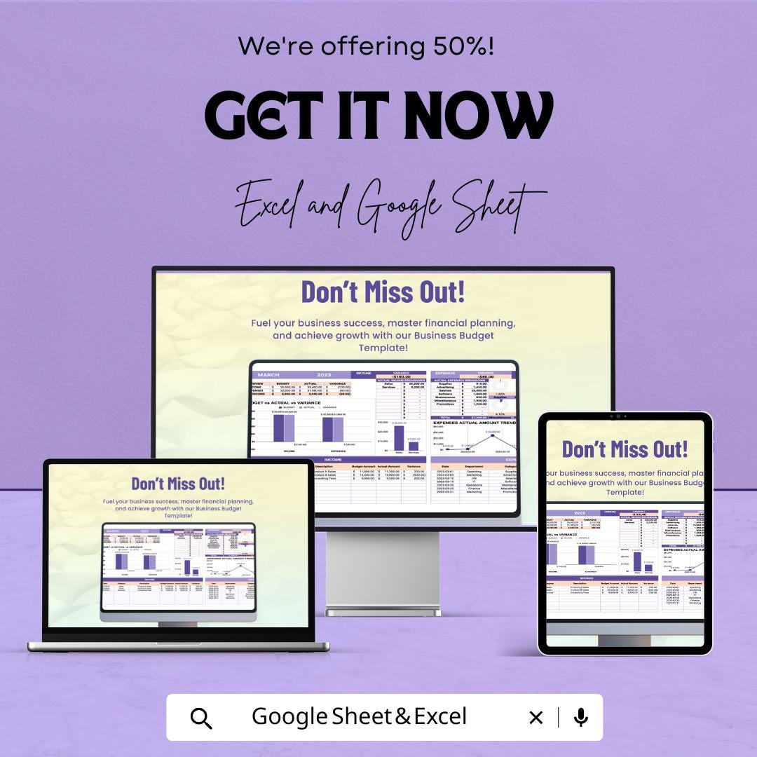 Business Budget Sheet - Excel and Google Sheet Template for Financial Planning, Income & Expense Tracker, Budgeting and Expense Analysis