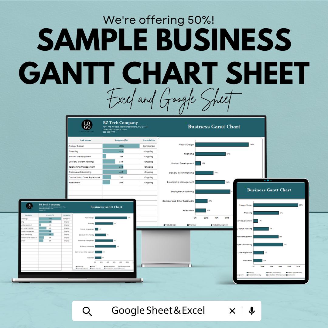 Sample Business Gantt Chart Sheet | Excel & Google Sheets Template | Project Management Chart | Instant Download | Customizable Gantt Chart