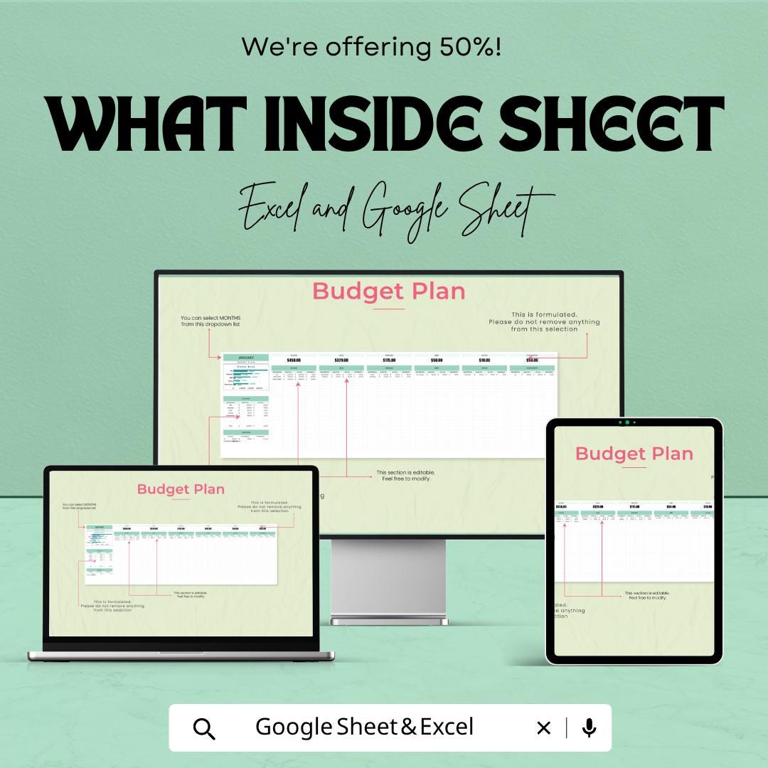 Budget Plan Template | Monthly Budget Spreadsheet | Expense Tracker | Financial Planner | Excel & Google Sheets | Money Management Sheet
