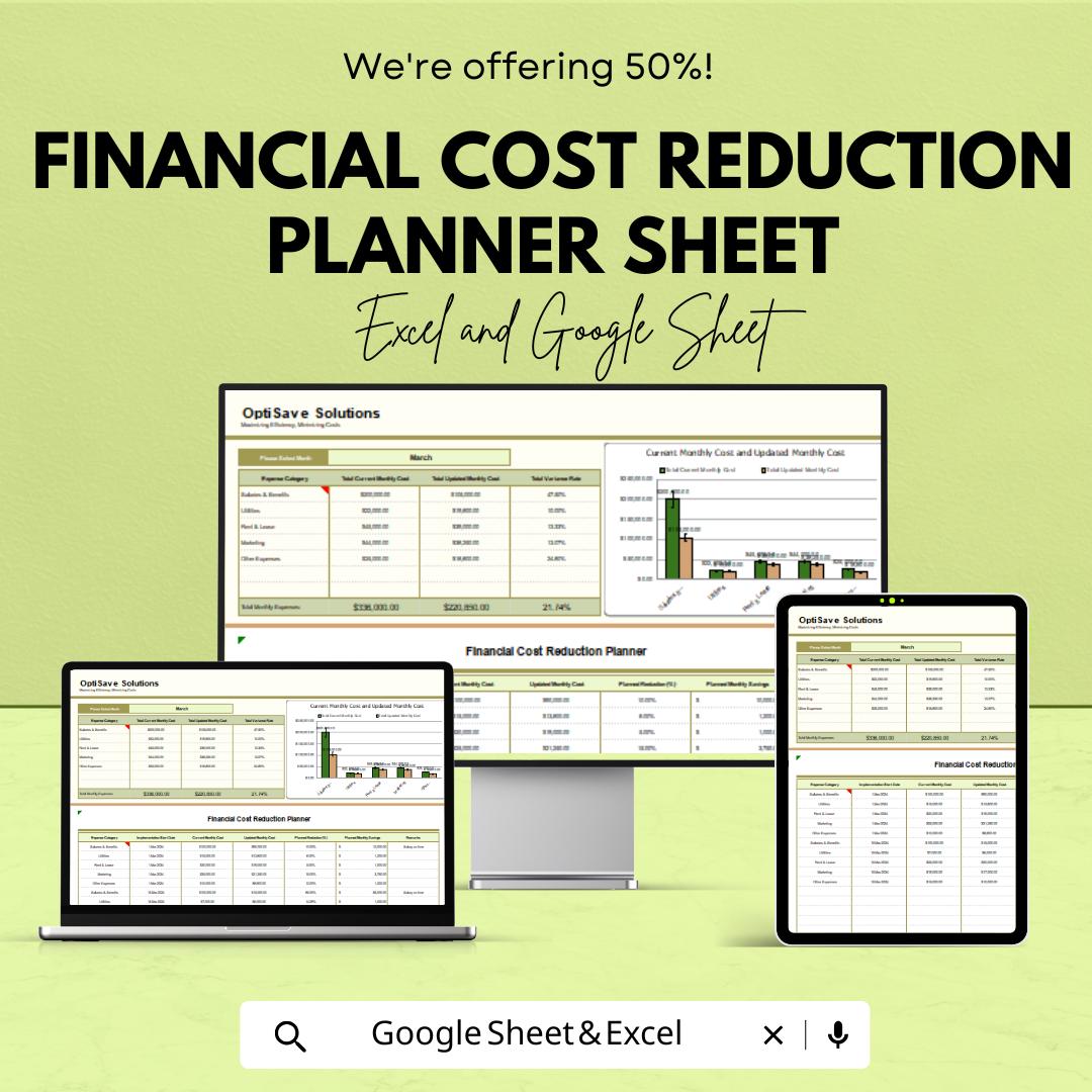 Financial Cost Reduction Planner Sheet | Excel and Google Sheet Template for Budgeting & Expense Management