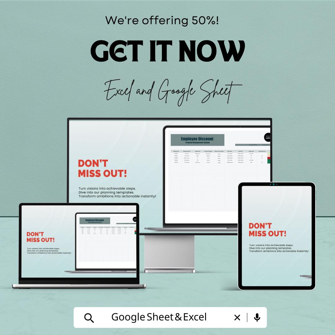 Employee Discount Program Management System HR Template | Staff Discount Tracker | Excel and Google Sheets HR Spreadsheet