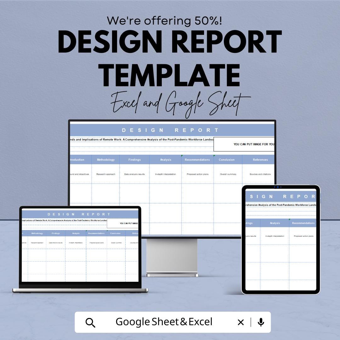Design Report Template | Excel and Google Sheets | Project Report Template | Business Design Template | Report Layout for Work & Study