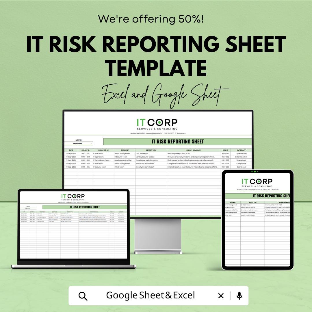 IT Risk Reporting Template | Risk Management Log Excel | IT Risk Register Spreadsheet | Compliance Tracker | Google Sheets Risk Report