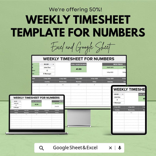 Weekly Timesheet Template for Numbers | Employee Timesheet Spreadsheet | Weekly Work Hours Tracker | Payroll Time Log Sheet