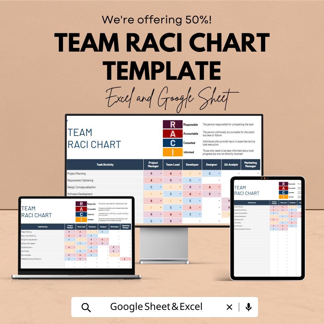 Team RACI Chart Template Excel & Google Sheets | Responsibility Matrix | Project Role Assignment Tracker | Team Workflow Planner