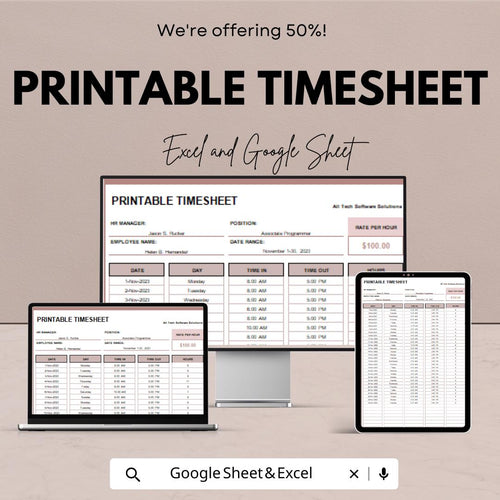 Printable Timesheet Template - Editable Excel & Google Sheet for Easy Time Tracking