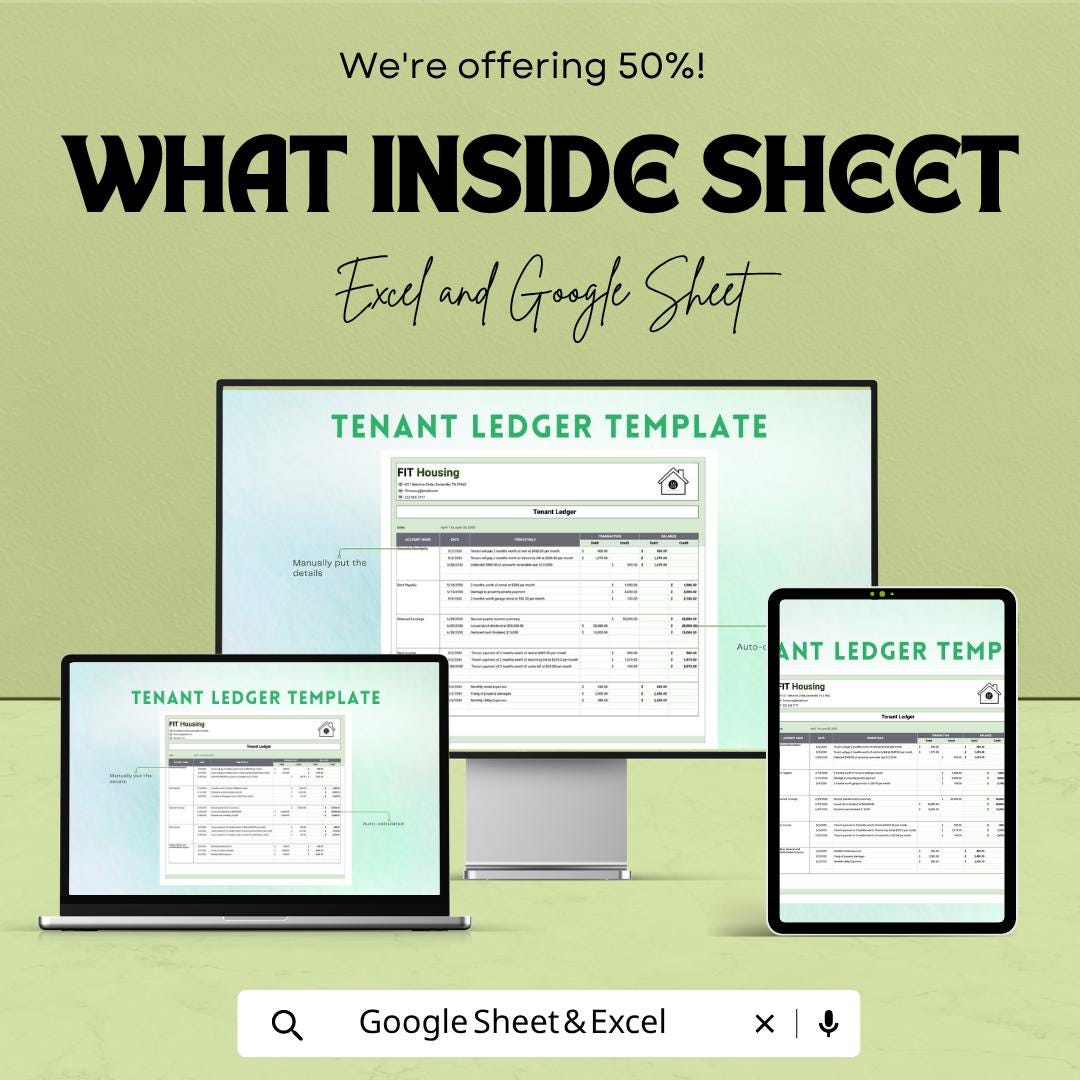 Tenant Ledger Template Excel Google Sheets | Rental Payment Tracker | Rent Ledger Spreadsheet | Property Management Template |
