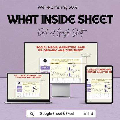 Social Media Marketing Paid vs Organic Analysis Sheet Template | Paid vs Organic Tracker | Marketing Analytics Spreadsheet