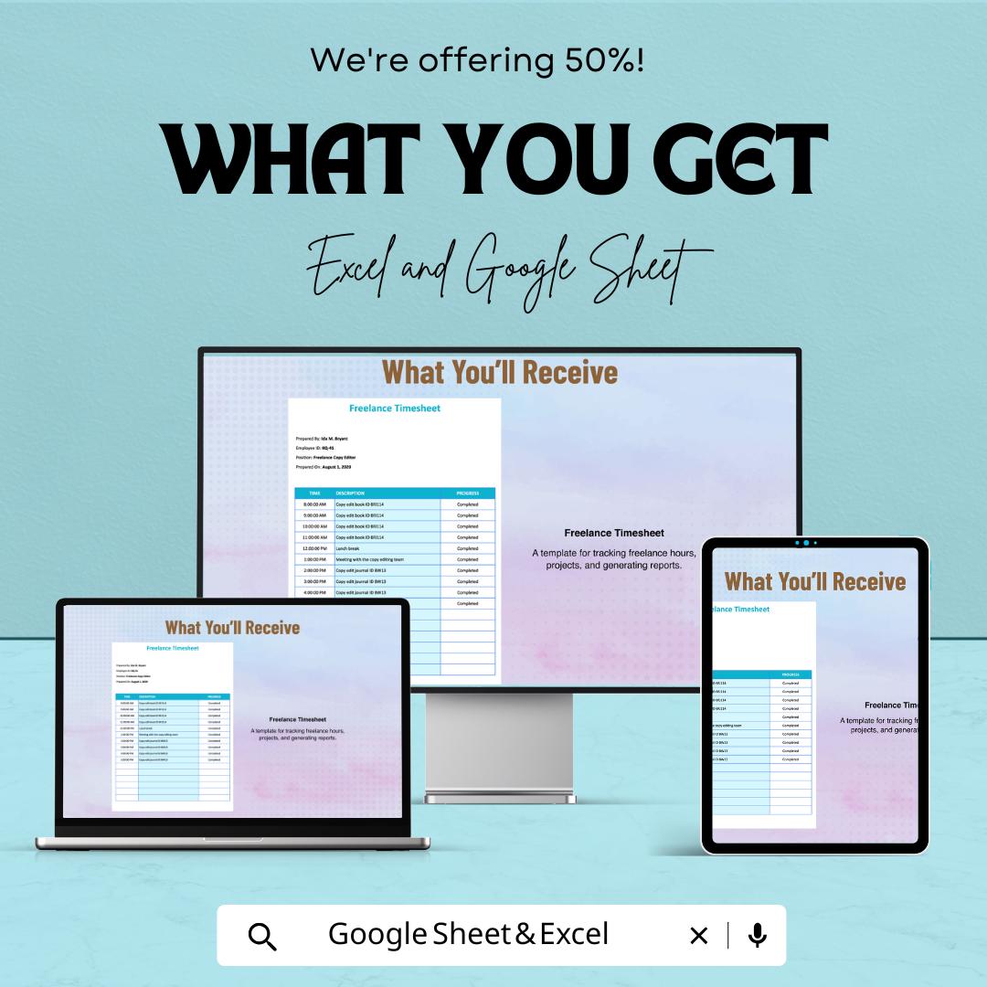 Freelance Timesheet Template | Excel and Google Sheets | Time Tracking Spreadsheet | Work Log | Project Hour Tracker | Editable Sheet