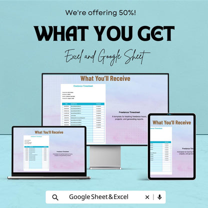 Freelance Timesheet Template | Excel and Google Sheets | Time Tracking Spreadsheet | Work Log | Project Hour Tracker | Editable Sheet