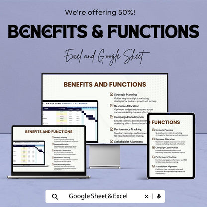 Digital Marketing Product Roadmap Template | Marketing Project Planner Spreadsheet |  Marketing Roadmap | Campaign Timeline Tracker