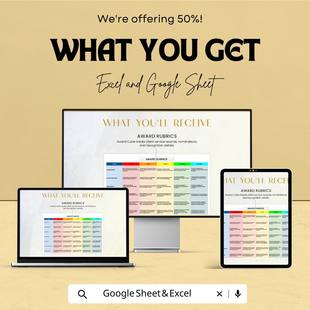 Legal Client Service Award Tracking Template, Law Firm Recognition Tracker, Attorney Performance Sheet, Excel Google Sheets Legal Dashboard