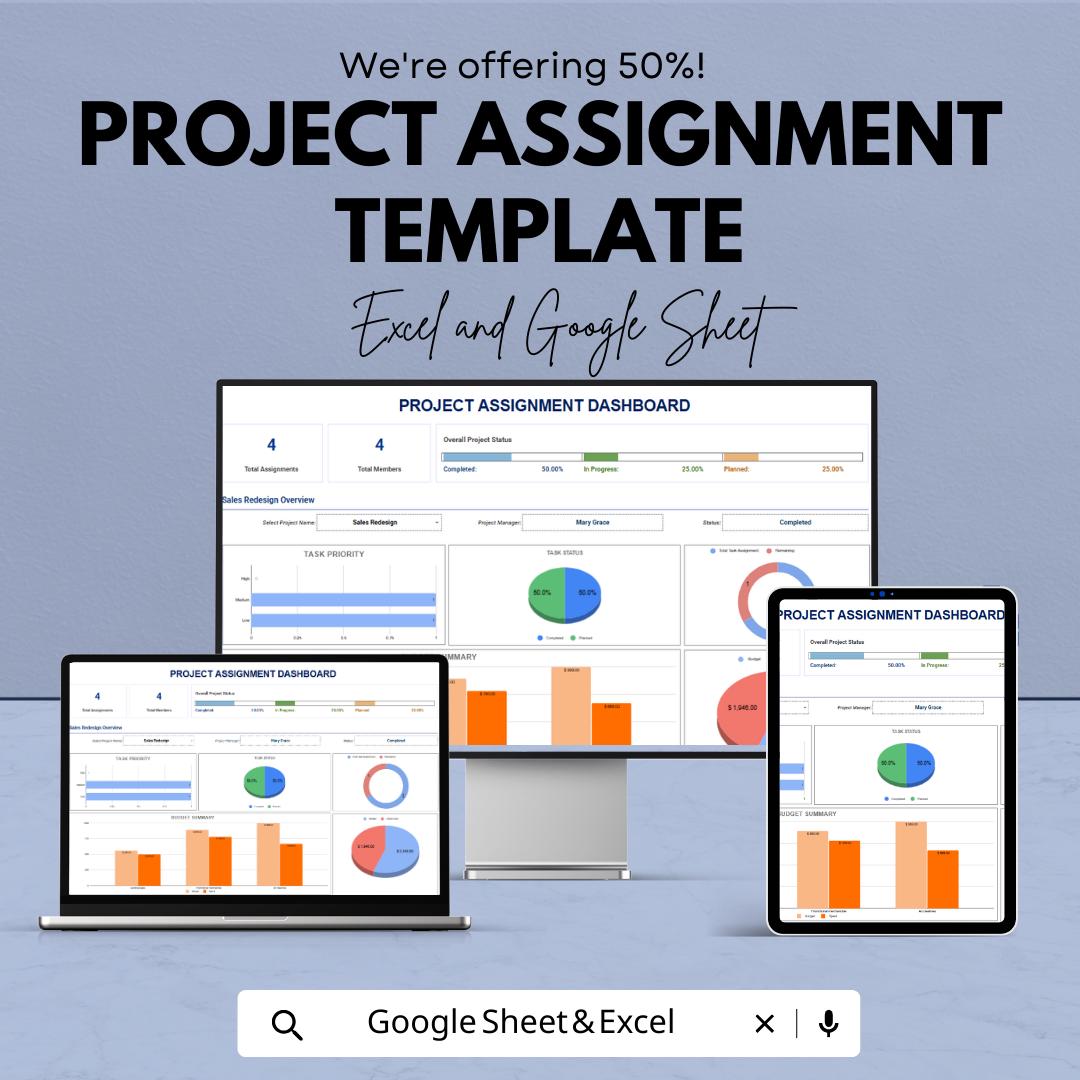 Project Assignment Template  | Team Task Assignment Tracker | Project Management Sheet | Task Allocation Planner | Work Assignment Template