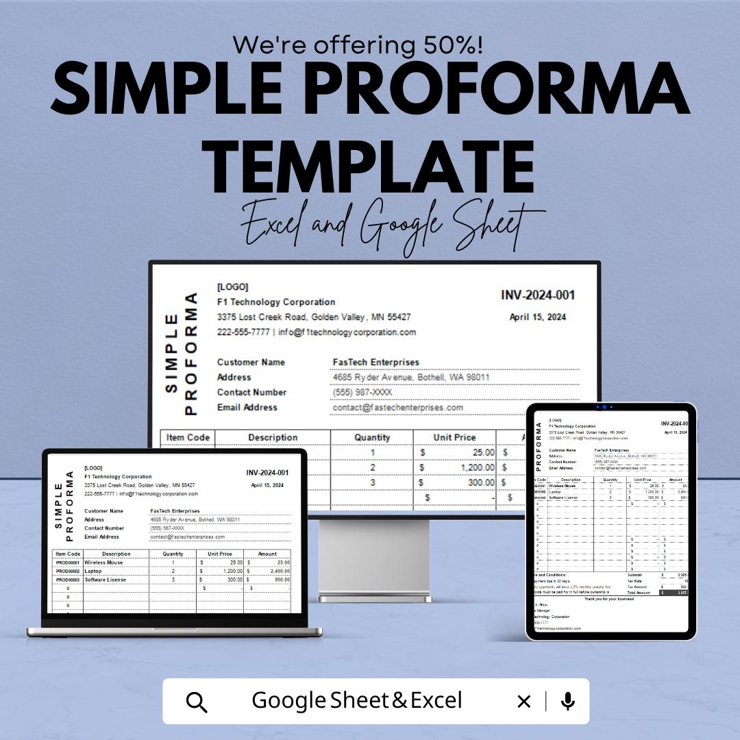 Simple Proforma Invoice Template | Google Sheets & Excel | Business Sales Quote Form | Editable Price Estimate | Professional Billing Format