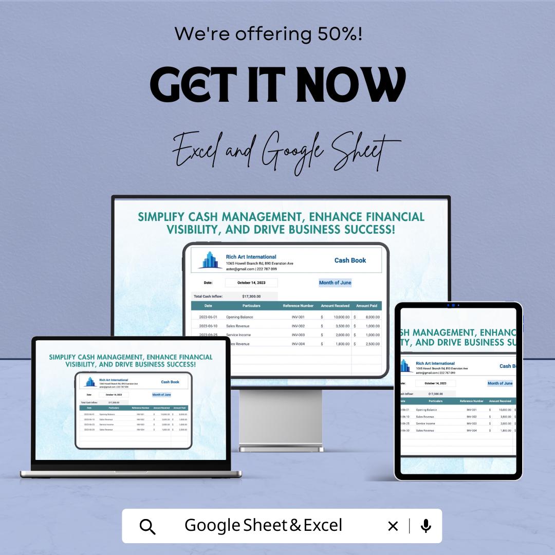 Cash Book Sheet | Excel and Google Sheets | Income & Expense Tracker | Cash Flow Management Template | Editable Finance Sheet