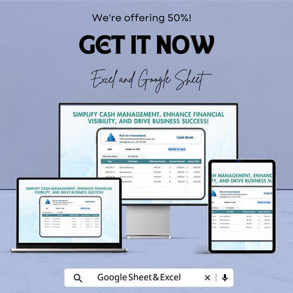 Cash Book Sheet | Excel and Google Sheets | Income & Expense Tracker | Cash Flow Management Template | Editable Finance Sheet