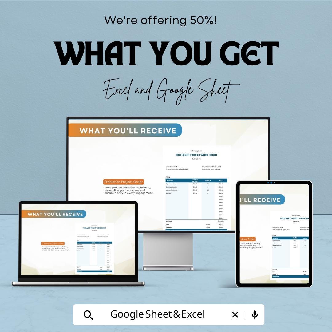 Freelance Project Order Template Excel | Work Order Template | Client Project Tracker | Invoice & Scope Agreement | Google Sheets Editable