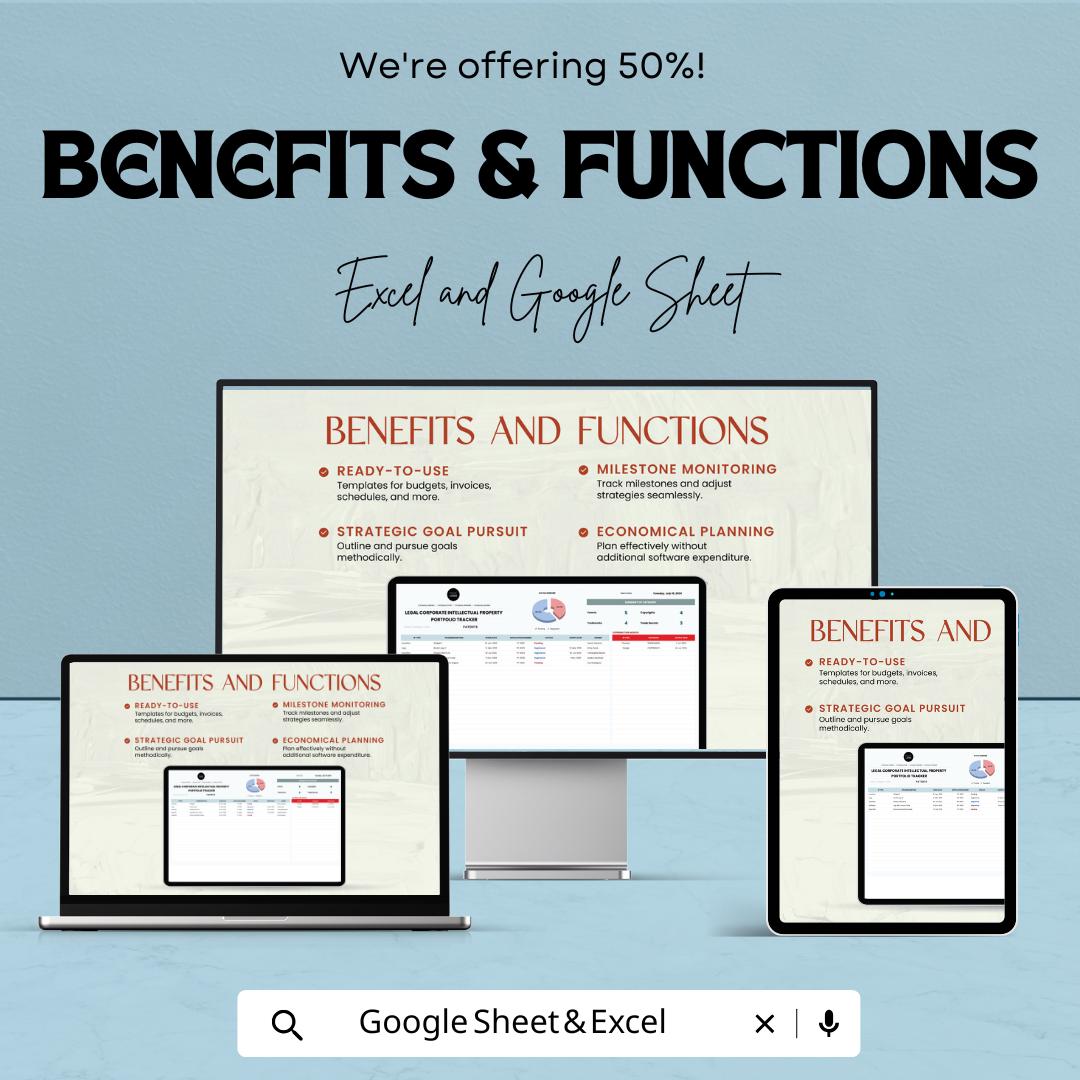 Legal Corporate Intellectual Property Portfolio Tracker Sheet | Excel & Google Sheets Template | IP Asset Management |