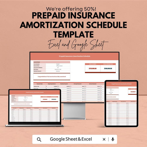 Prepaid Insurance Amortization Schedule Template | Expense Amortization Spreadsheet | Accounting Template | Prepaid Expense Tracker