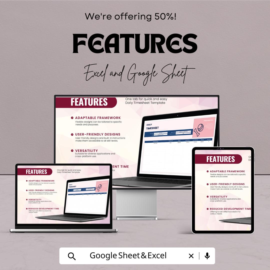 Daily Timesheet Template | Excel & Google Sheets | Employee Time Tracker | Work Hours Log | Instant Download