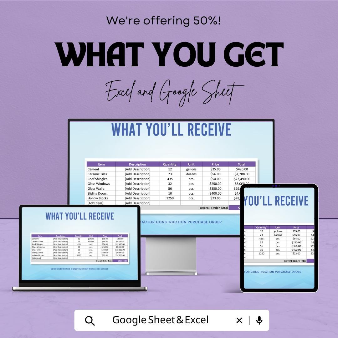 Subcontractor Construction Purchase Order Template | Contractor Material Order Form | Building Supply Tracker | Excel & Google Sheets