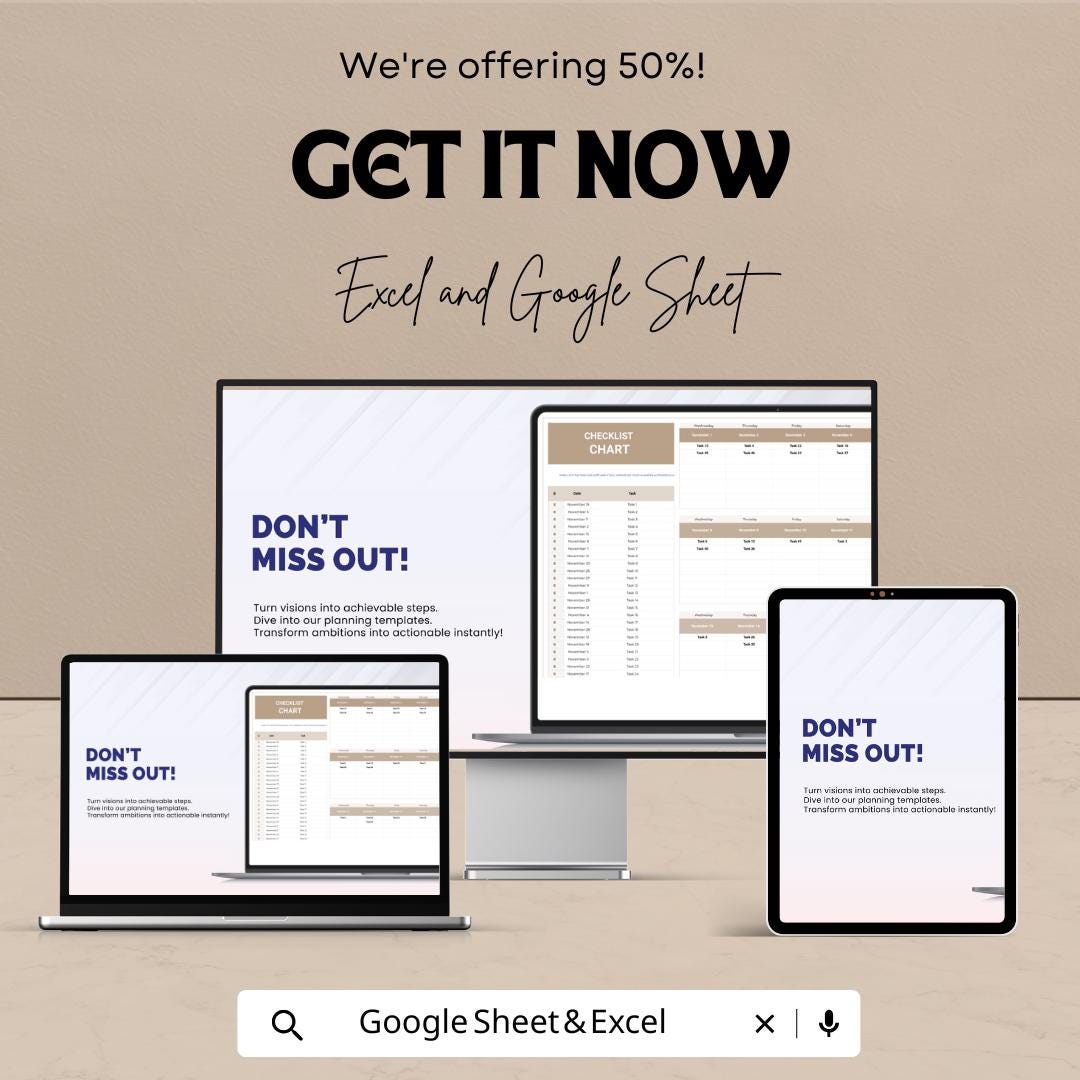 Checklist Chart Sheet - Excel and Google Sheets | Daily Task Management, Goal Tracking & Productivity Planner