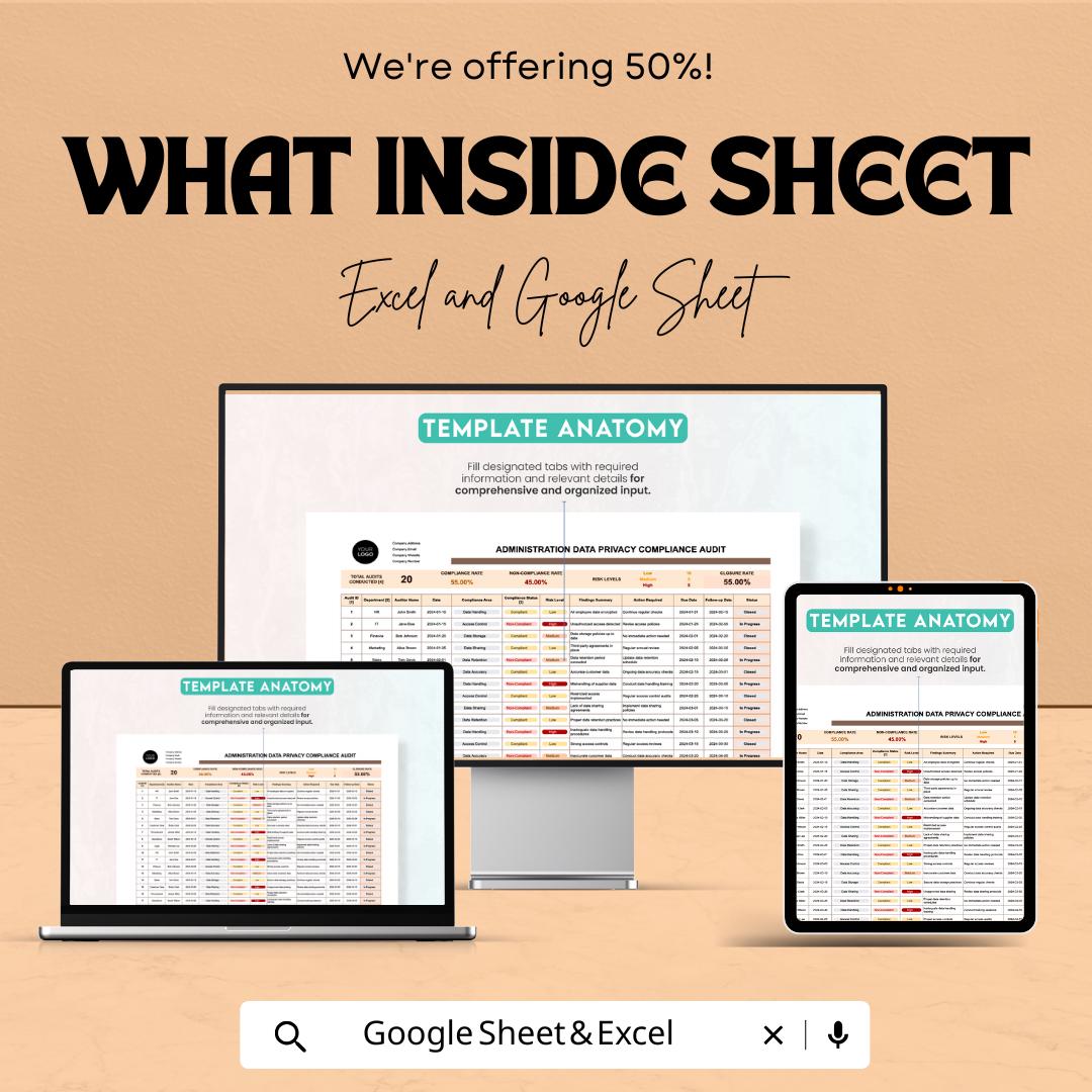 Administration Data Privacy Compliance Audit Sheet | Excel and Google Sheets | Data Privacy & Security Audit Template