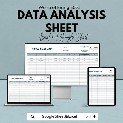 Data Analysis Sheet Template | Excel and Google Sheets | Track Sales, Revenue & Customer Insights