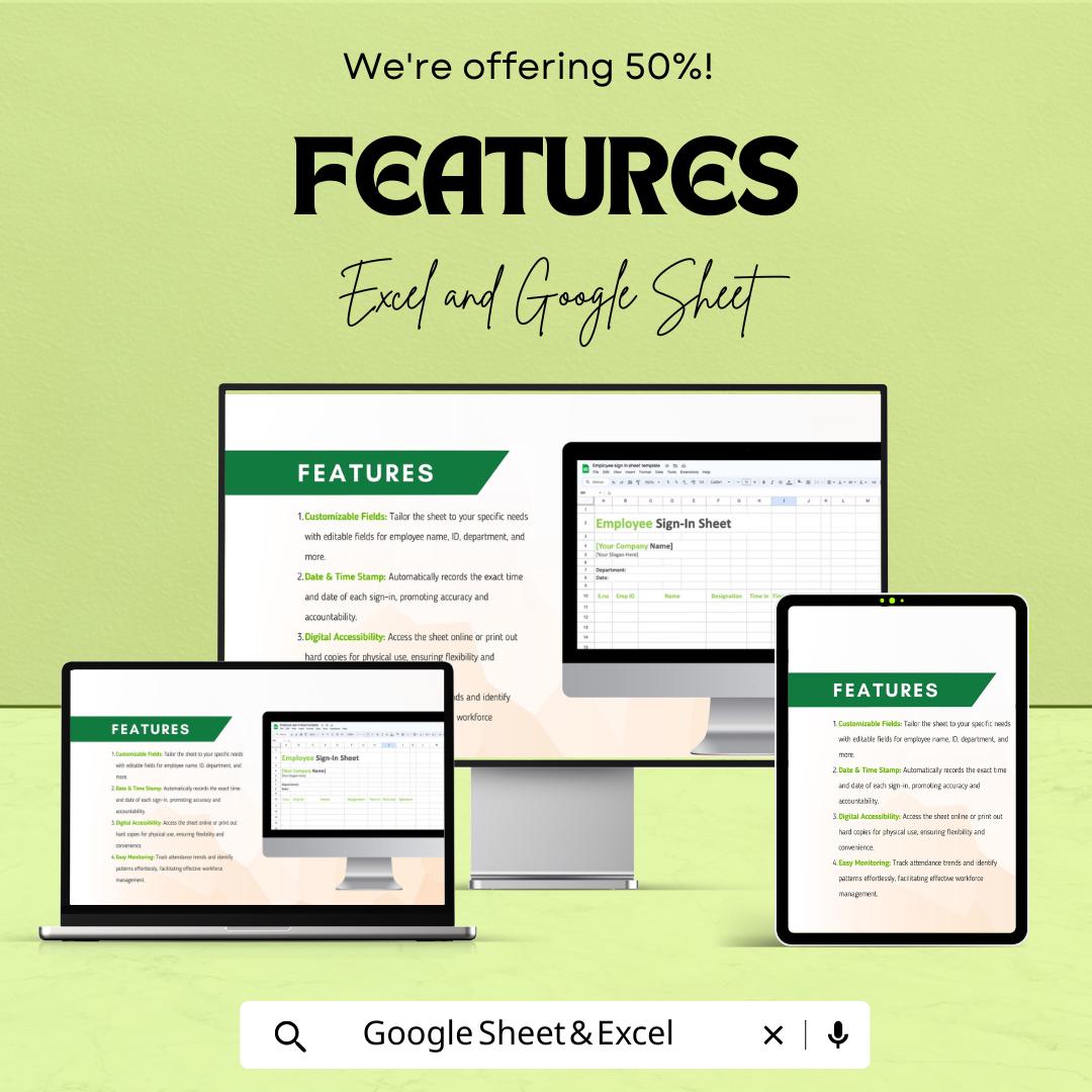 Employee Sign In Sheet Template - Excel & Google Sheets, Track Employee Attendance, Time Clock, HR Record Keeping