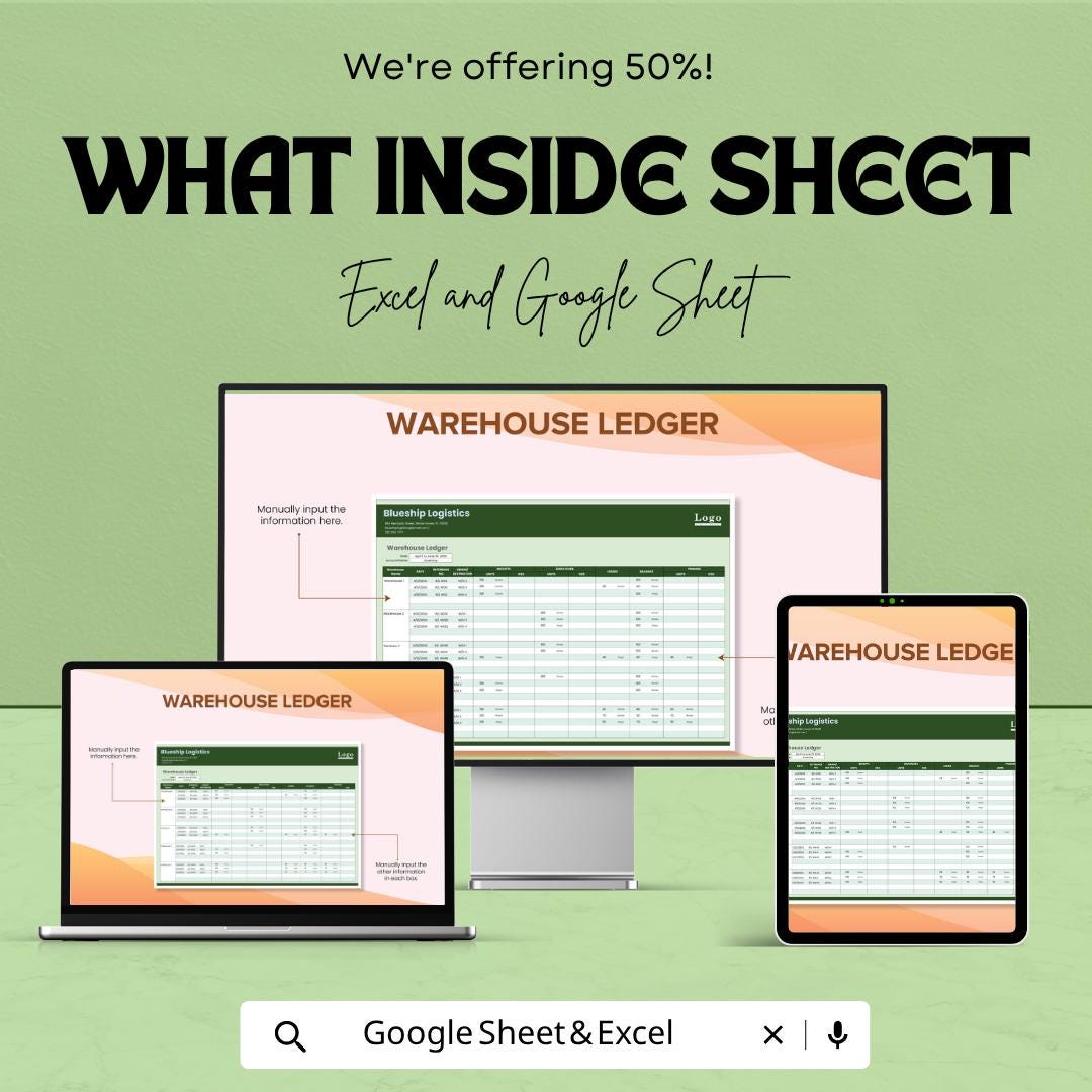 Warehouse Ledger Template | Excel Inventory Tracker Spreadsheet | Google Sheets Warehouse Management | Stock Control Ledger |