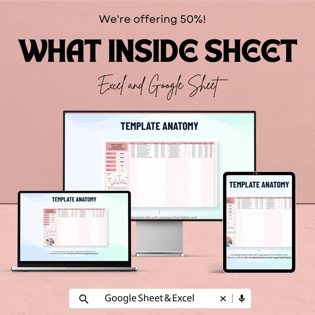 Sales Customer Appreciation Event ROI Calculator Sheet | Excel and Google Sheets Template | Event Cost, Revenue & ROI Tracker |