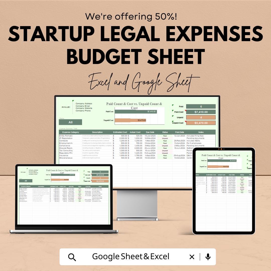 Startup Legal Expenses Budget Sheet | Excel & Google Sheets | Financial Management Template | Expense Tracker | Business Planning Tool